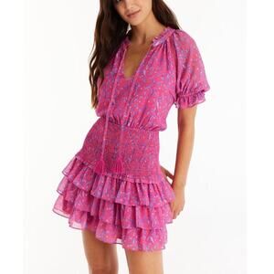 Allison New York Olive Mini Dress Pink Floral Smocked Waist Feminine Puff Sleeve